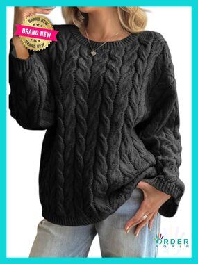 Oversized Cable Knit Sweater Long Sleeve Chunky Crew Neck Pullover